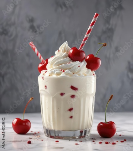 creamy white milkshake with a thick vanilla ice cream texture and chunks of maraschino cherry , dessert, retro diner, creamy texture photo