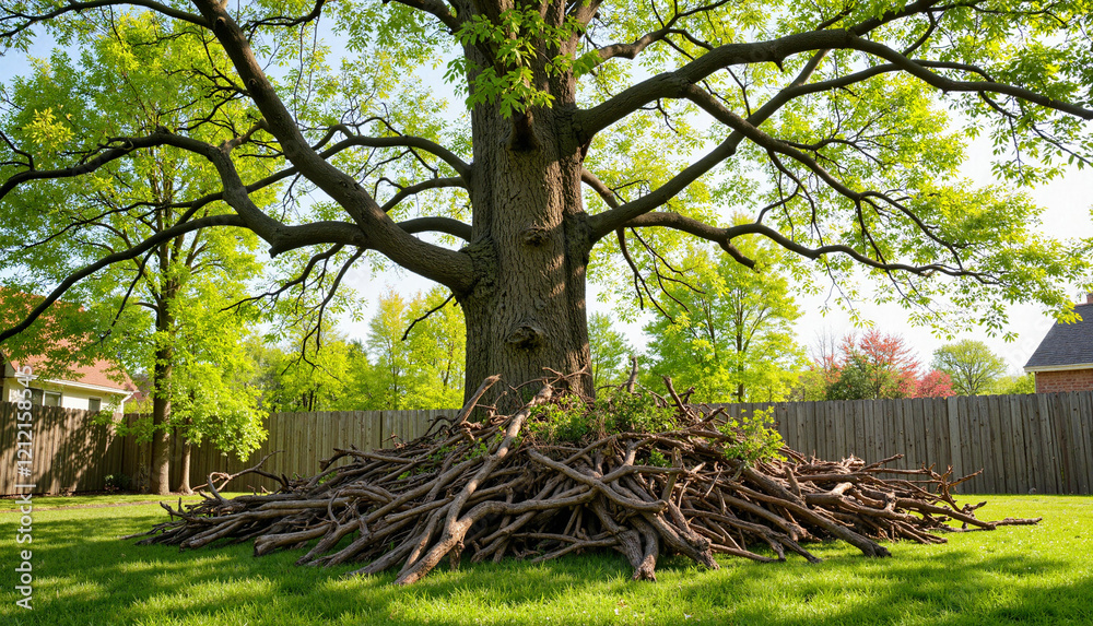 Cherry Tree Pruning. Cherry tree trunk with cut branches in springtime garden, rejuvenation Cherry Tree Pruning. Cherry tree trunk with cut branches in springtime garden, rejuvenation