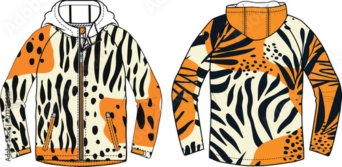 A design for a unisex windbreaker with a zebra pattern, showing front and back views of the jacket.