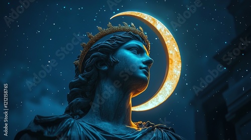 Close-up view of Selene statue with flowing gold and digital starry skies
