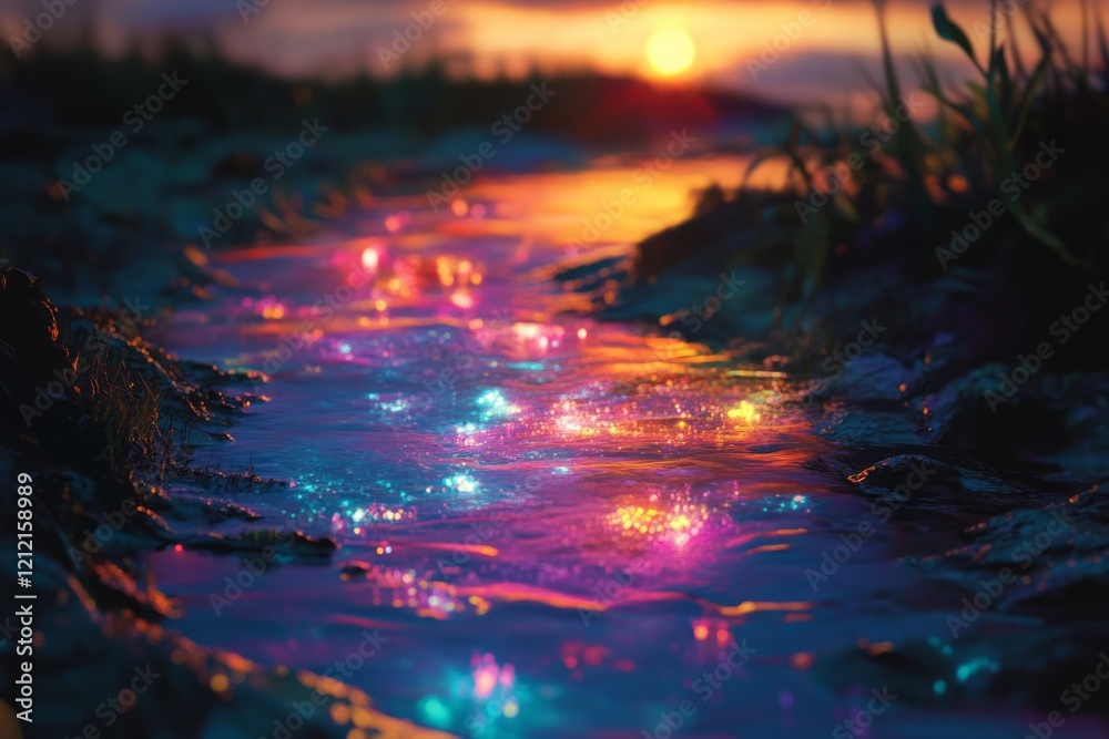 Fototapeta premium Sunset Glow Illuminates Sparkling Stream Water