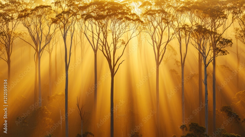 Fototapeta premium Golden Sunrise Rays Illuminating Misty Forest Trees