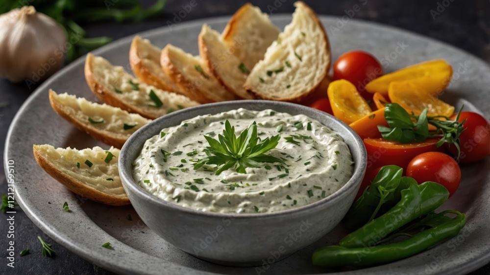 A bowl of creamy dip with bread, vegetables, and herbs for a delicious appetizer. A bowl of creamy dip with bread, vegetables, and herbs for a delicious appetizer.