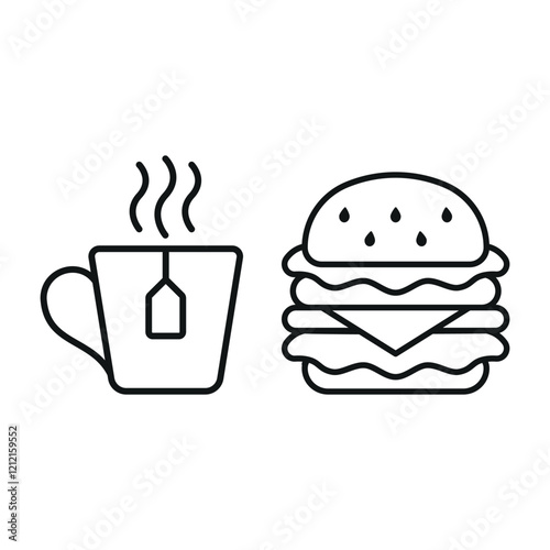 Tea mug drink and hamburger food icon with a crisp and elegant outline characterized by thin strokes and simplicity