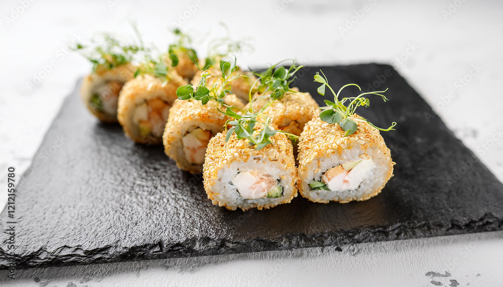 Crispy tempura sushi roll with fresh salmon and avocado, sesame and microgreens on stone plate. Crispy tempura sushi roll with fresh salmon and avocado, sesame and microgreens on stone plate.