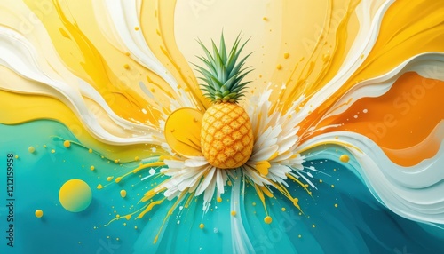A striking pineapple sits at the center, surrounded by swirling colors of yellow and turquoise. Bold splashes of paint create an energizing visual experience, evoking a sense of joy and creativity