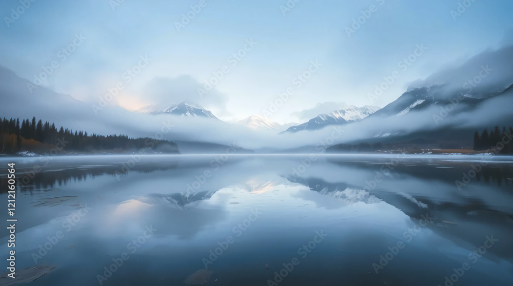 Fototapeta premium Fine Art Photograph - Rocky Mountains' Reflection in Bow River, Thick Fog, Soft Contrast, and AP-Style Editorial Atmosphere