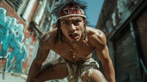 A tribal warrior showcases a fierce expression, striking a powerful pose against a graffiti backdrop, combining urban culture with primal energy and raw emotion. photo