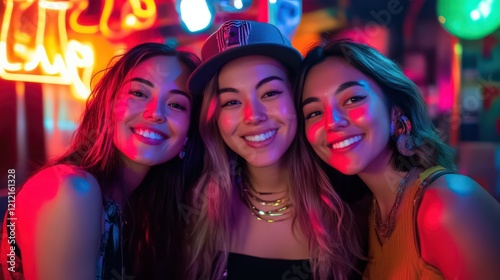 Friends posing for a headshot at a nightclub, vibrant neon lights, carefree expressions, and joyful nightlife moments. photo