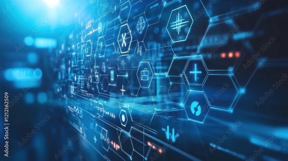 Digital hexagon backgrounds tailored for medical themes integrating AI and tech elements. Digital hexagon backgrounds tailored for medical themes integrating AI and tech elements.