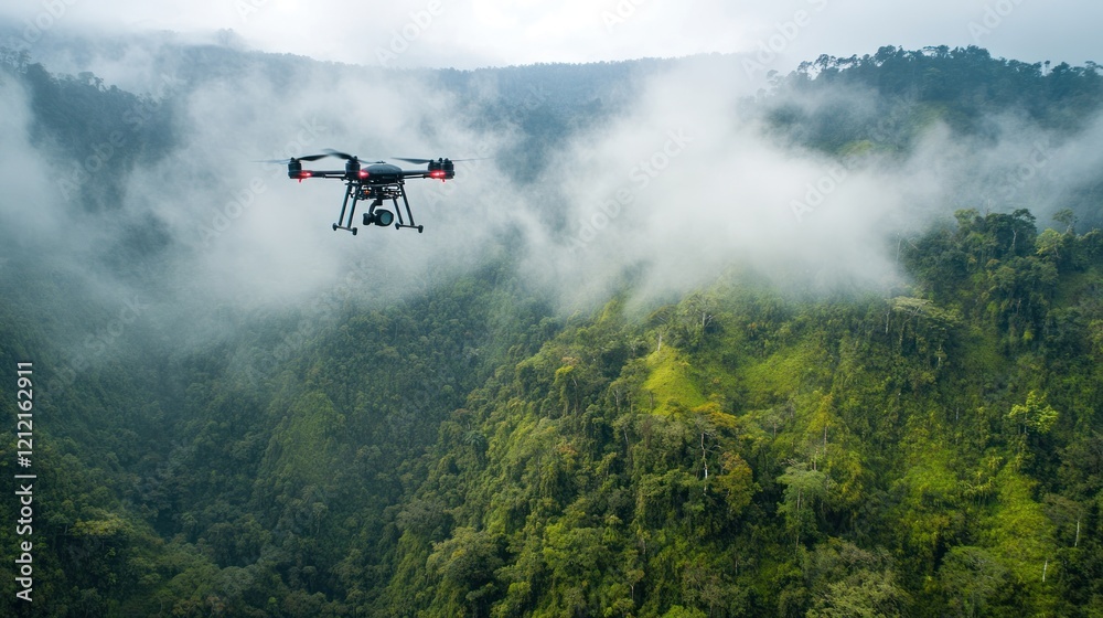 Fototapeta premium Drone technology capturing carbon data in inaccessible mountainous forests.