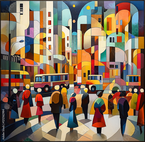 Abstract streetscene art in orphism style in bright, vibrant colors with geometric composition.. photo