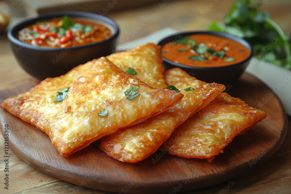 Crispy Fried Pastries with Spicy Dipping Sauces Crispy Fried Pastries with Spicy Dipping Sauces