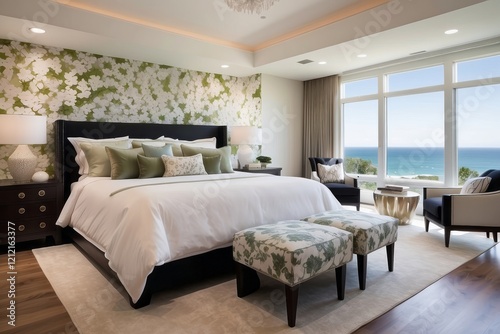 Contemporary Master Bedroom Design With Floral Accent Chair