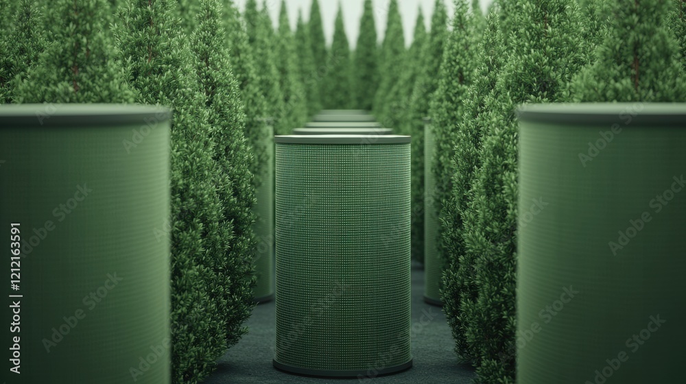 Serene Green Cylinders in a Lush Evergreen Maze Serene Green Cylinders in a Lush Evergreen Maze