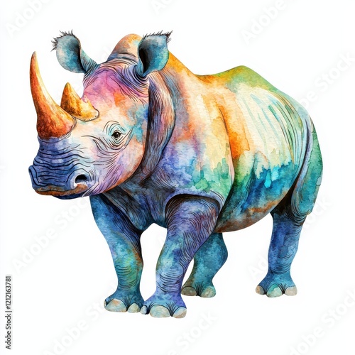 Vibrant Watercolor Painting of a Rhinoceros Colorful Wildlife Art African Animal Illustration photo