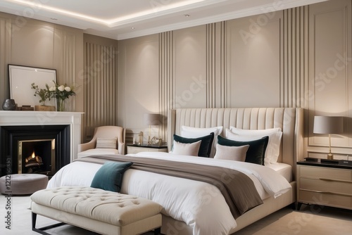 Beige Master Bedroom Design With Fluted Panelled Wall