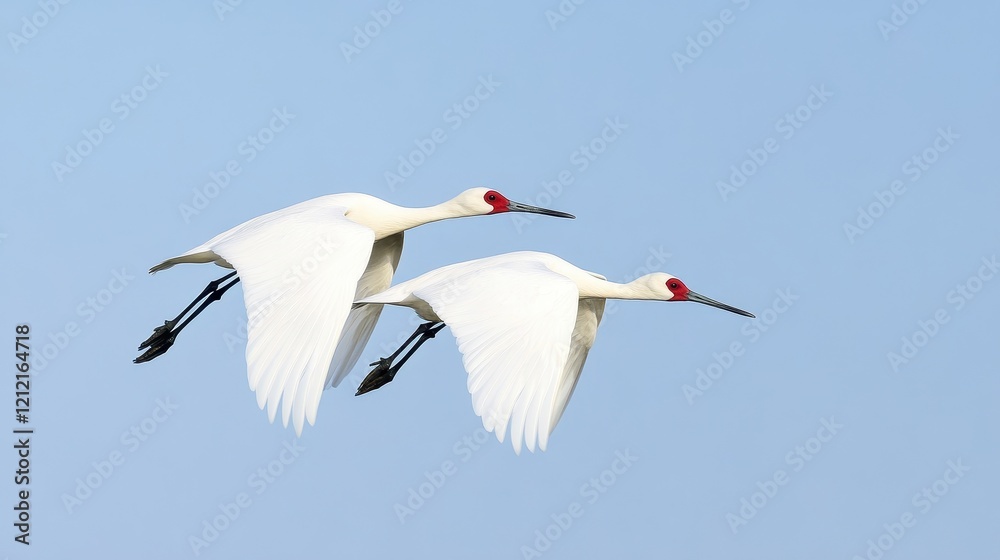 Two White Egrets in Flight Over Wetlands Against a Clear Sky Two White Egrets in Flight Over Wetlands Against a Clear Sky