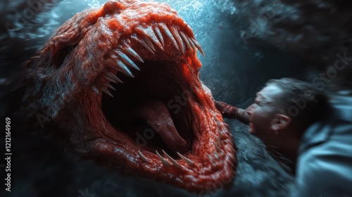 A colossal and terrifying sea monster displays its fearsome mouth filled with sharp teeth, creating a scene filled with tension and suspense in this fantasy setting. photo