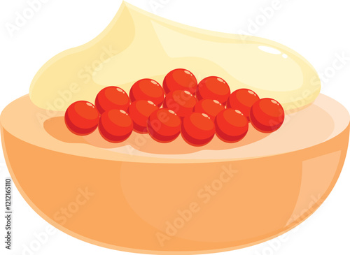 Small piece of bread or pastry topped with mayonnaise and red caviar, creating a luxurious and flavorful appetizer