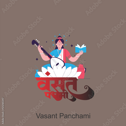 Happy Vasant Panchami social media feed template written Hindi text means Basant Panchami, Indian hindu Goddess Saraswati worship and spring season