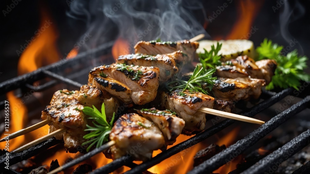 Juicy grilled chicken skewers cooking over an open flame, garnished with herbs. Juicy grilled chicken skewers cooking over an open flame, garnished with herbs.