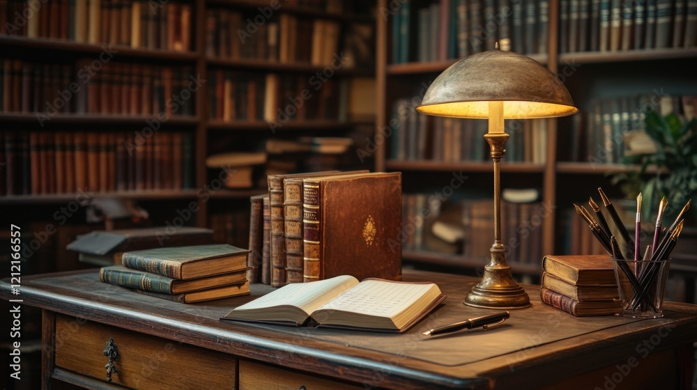 A cozy library desk with books, a lamp, and writing tools, inviting study and reflection. A cozy library desk with books, a lamp, and writing tools, inviting study and reflection.