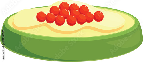Creamy avocado slice topped with vibrant red caviar, creating a luxurious appetizer or gourmet dish