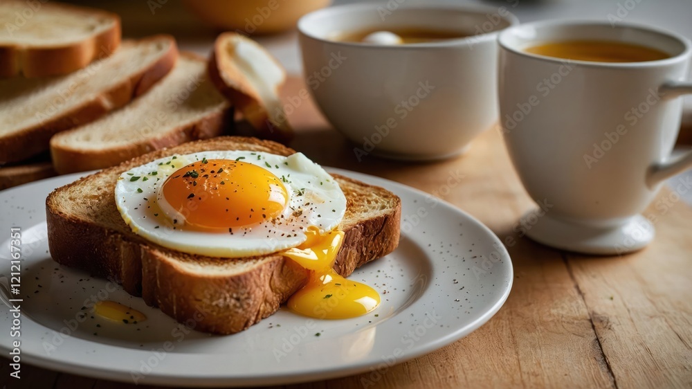A sunny-side-up egg on toast with a cup of tea, showcasing a simple breakfast setting. A sunny-side-up egg on toast with a cup of tea, showcasing a simple breakfast setting.