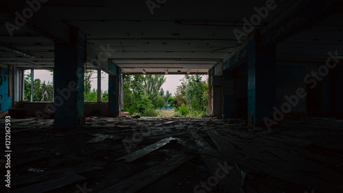 destroyed and burned houses in the city in Ukraine