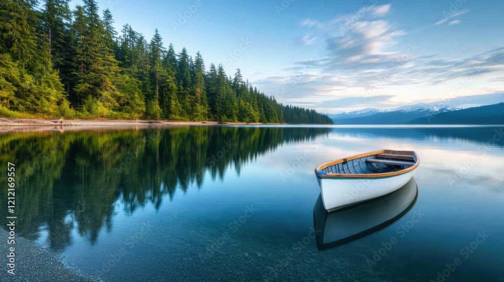 Naklejka premium Serene Lake with Rowboat and Majestic Mountain Reflections