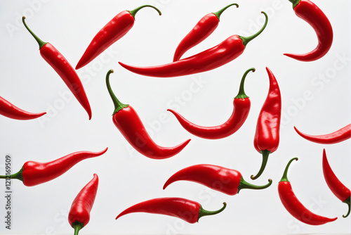 Red hot chili peppers levitates on a white background