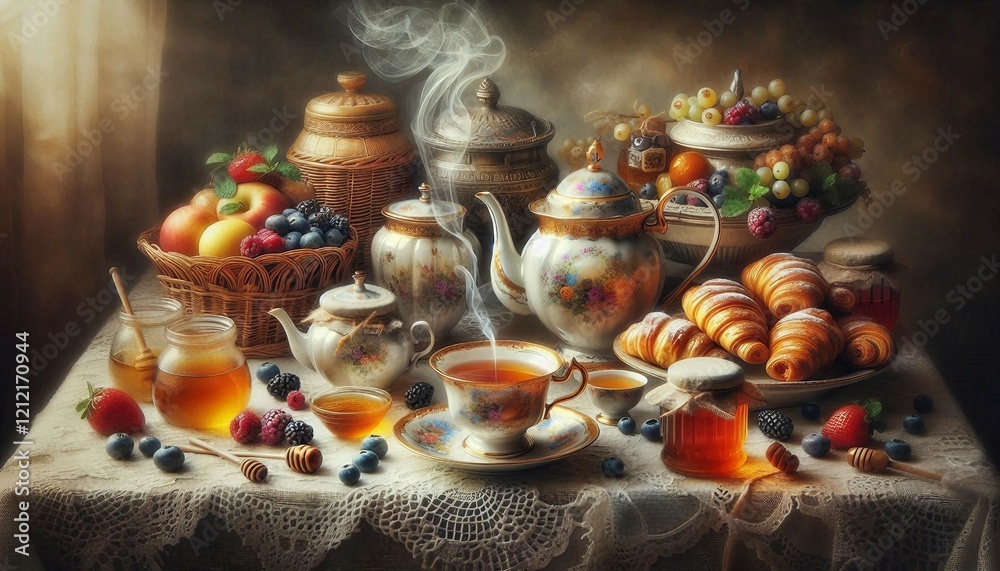 An inviting arrangement of tea and pastries served with delicate fine china over lace tablecloth.
An inviting arrangement of tea and pastries served with delicate fine china over lace tablecloth.