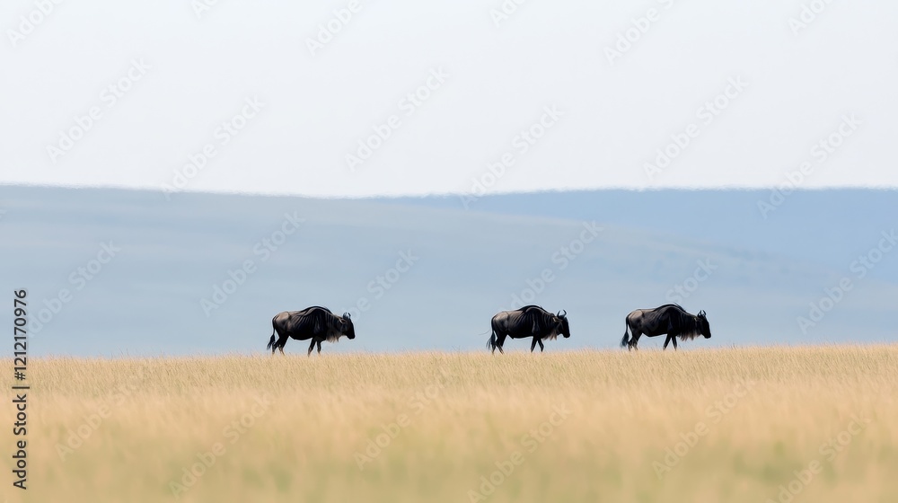 African Grasslands with Naturalists Observing Wildebeests in the Distance Under a Clear Sky African Grasslands with Naturalists Observing Wildebeests in the Distance Under a Clear Sky