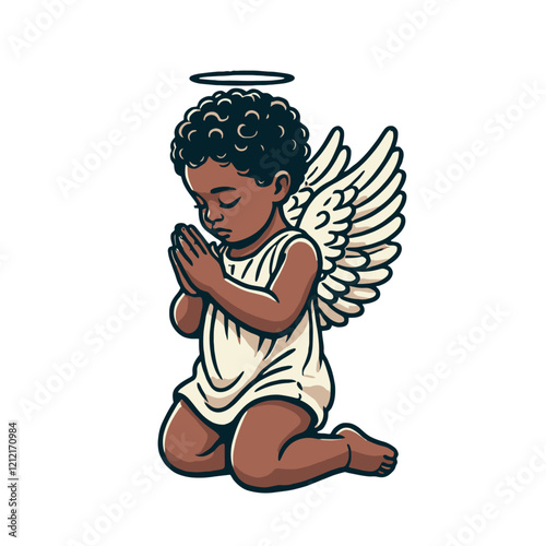 A beautiful illustration of a kneeling praying black baby angel with wings and a halo, symbolizing faith, hope, and peace  for religious projects and decorative designs. Isolated vector illustration.