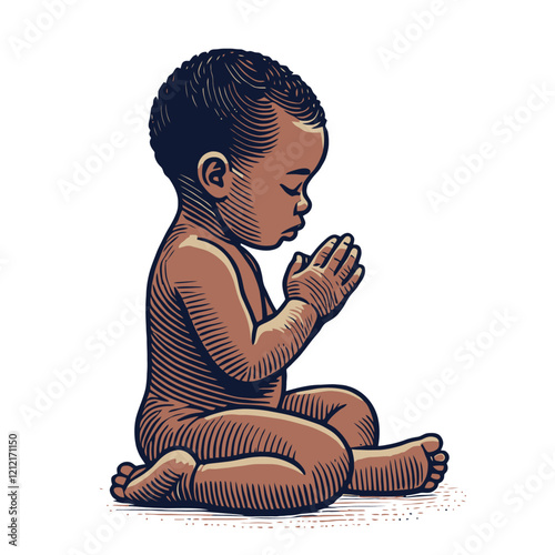 A beautifully detailed vintage-style illustration of a praying black baby sitting peacefully, symbolizing innocence, faith, and spirituality. for religious and parenting themes. Isolated vector illust