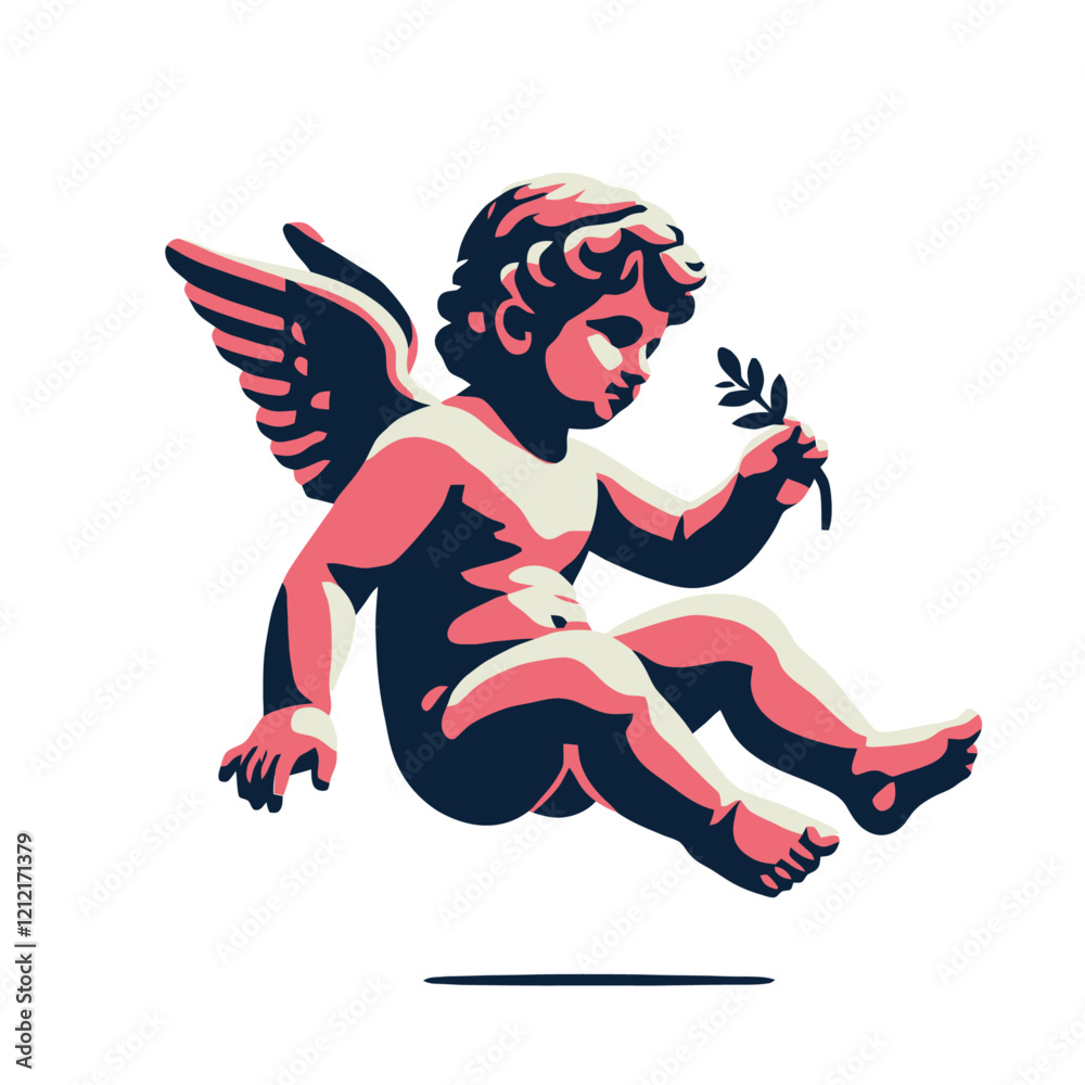 Fototapeta premium A stylish modern illustration of Cupid holding an olive branch, symbolizing peace, love, and harmony. Ideal for romantic and spiritual designs. Isolated vector illustration.