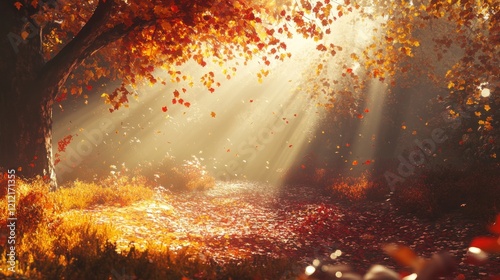 Sunlight pierces through vibrant orange and yellow autumn leaves falling in forest photo