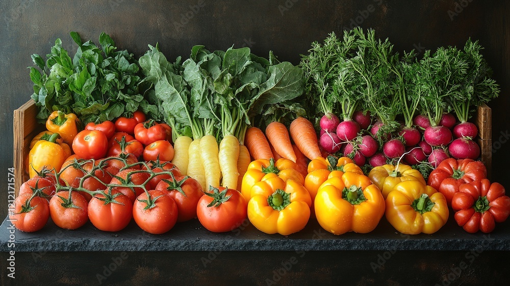 Fresh colorful vegetables arranged on dark background with vibrant tomatoes peppers radishes carrots and leafy greens Fresh colorful vegetables arranged on dark background with vibrant tomatoes peppers radishes carrots and leafy greens