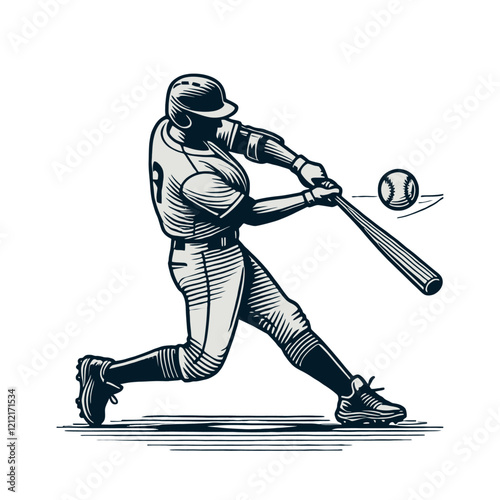 A dynamic monochrome vector illustration of a baseball player swinging the bat, representing action, strength, and focus. Ideal for sports branding and team promotions. Isolated vector illustration.