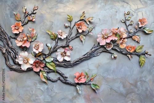 A graceful flowering branch covered in soft blossoms and vibrant spring leaves.