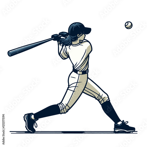 A stylish vector illustration of a female baseball player hitting the ball, symbolizing empowerment, strength, and sportsmanship. Perfect for women’s sports promotions. Isolated vector illustration.