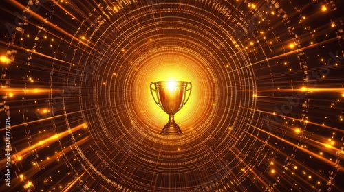 Golden Trophy in a Digital Tunnel: A gleaming golden trophy sits at the heart of a swirling, futuristic tunnel of light, symbolizing achievement and success in the digital age.