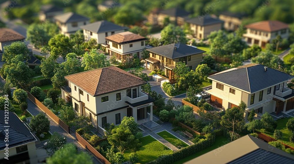 Fototapeta premium Aerial view of a residential neighborhood with manicured lawns and homes