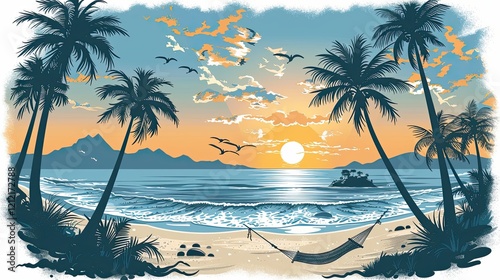 flat design, Flat Beach Vacation: Palm trees, a hammock, and waves gently hitting the shore