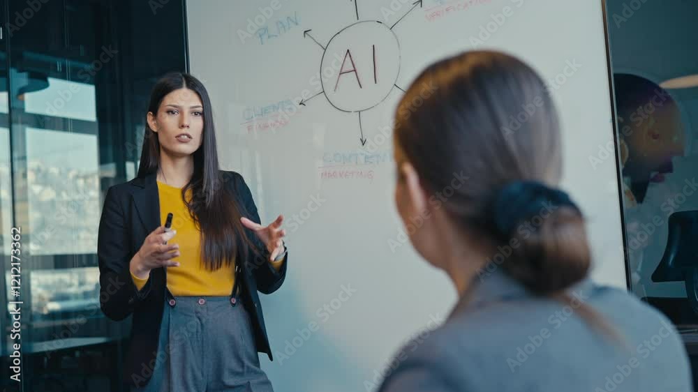 Professional business coach giving a presentation on artificial intelligence strategy in a modern office setting, engaging with her audience. Concept of corporate education and innovation