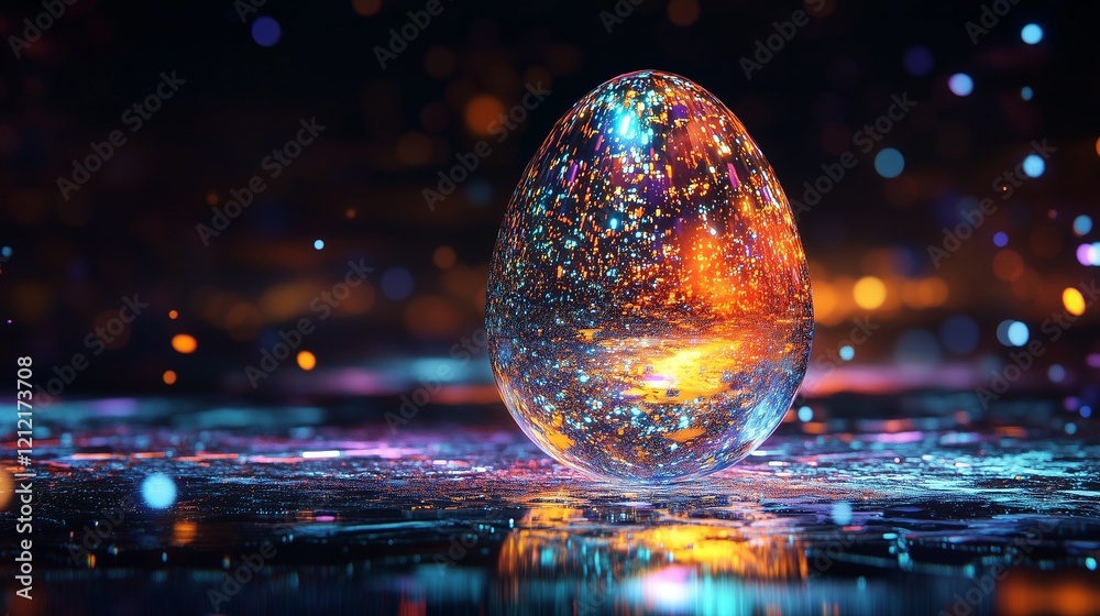 A holographic Easter egg surrounded by vibrant digital particle effects in a dark room. A holographic Easter egg surrounded by vibrant digital particle effects in a dark room.