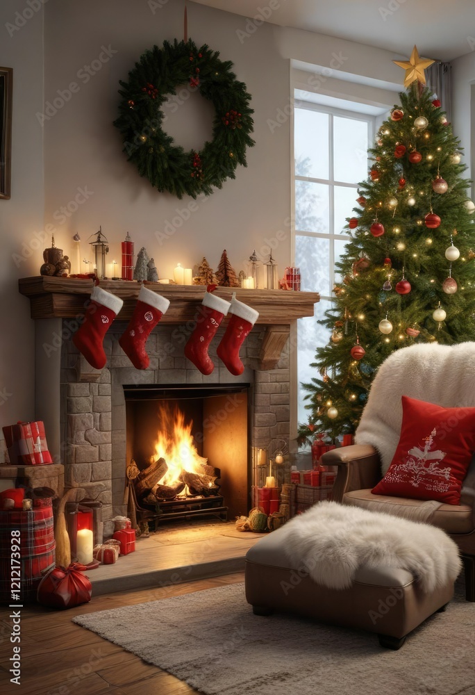 Fireside room with Christmas tree and stockings, merry ambiance, stockings, christmas tree Fireside room with Christmas tree and stockings, merry ambiance, stockings, christmas tree