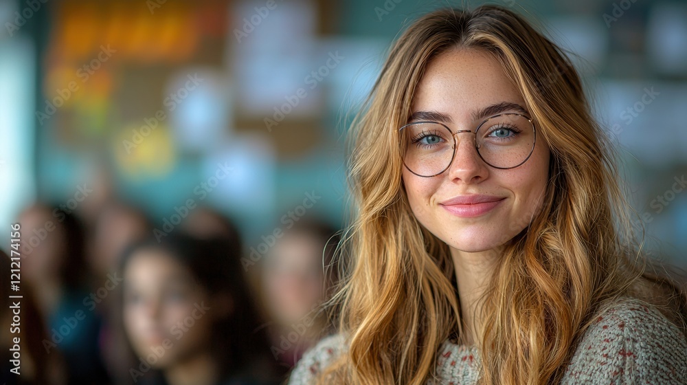 Young Woman with Glasses Smiling in Classroom Setting Young Woman with Glasses Smiling in Classroom Setting