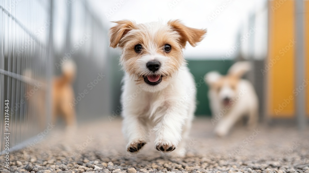 Happy puppies playfully running in a fenced area showcasing canine joy and companionship in a vibrant setting Happy puppies playfully running in a fenced area showcasing canine joy and companionship in a vibrant setting